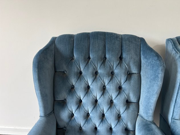 Image for Pair of Blue Velvet Tufted Wingback Armchairs with Brass Nailhead Trim