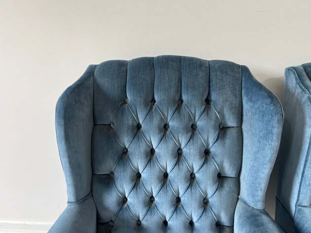 Image for Pair of Blue Velvet Tufted Wingback Armchairs with Brass Nailhead Trim