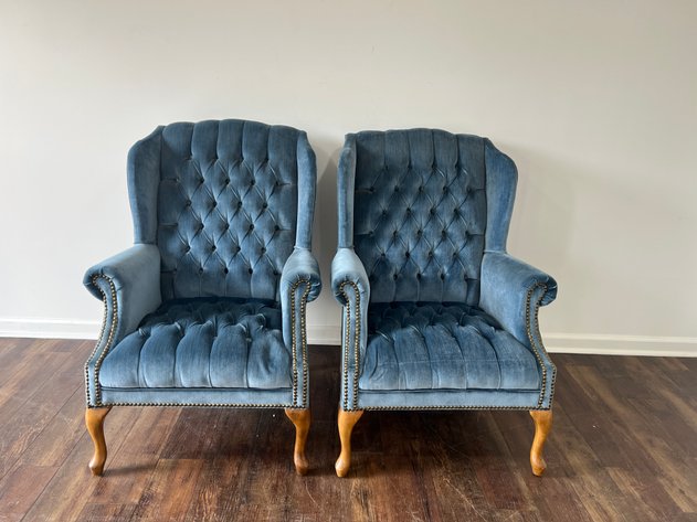 Image for Pair of Blue Velvet Tufted Wingback Armchairs with Brass Nailhead Trim