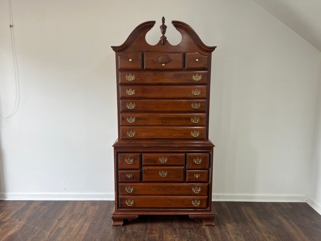 Image for Vintage Queen Anne Style Cherry Finish Highboy Chest with Brass Hardware