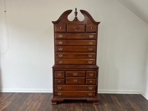 Image for Vintage Queen Anne Style Cherry Finish Highboy Chest with Brass Hardware