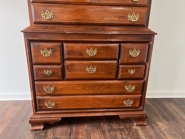 Image for Vintage Queen Anne Style Cherry Finish Highboy Chest with Brass Hardware