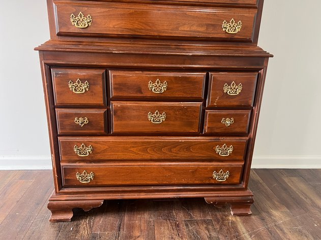 Image for Vintage Queen Anne Style Cherry Finish Highboy Chest with Brass Hardware