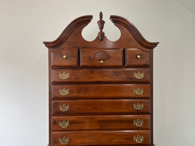 Image for Vintage Queen Anne Style Cherry Finish Highboy Chest with Brass Hardware
