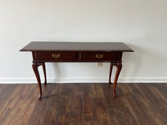 Image for Vintage Queen Anne Style Two-Drawer Console Table with Cabriole Legs & Brass Hardware