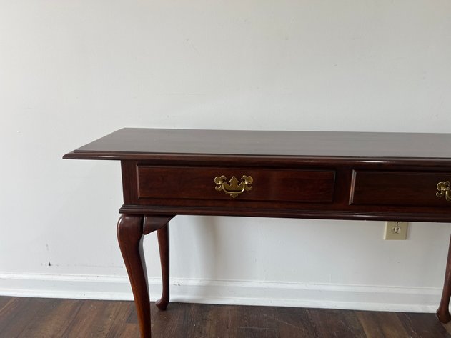 Image for Vintage Queen Anne Style Two-Drawer Console Table with Cabriole Legs & Brass Hardware
