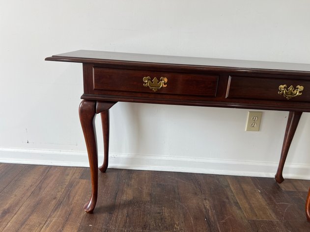 Image for Vintage Queen Anne Style Two-Drawer Console Table with Cabriole Legs & Brass Hardware