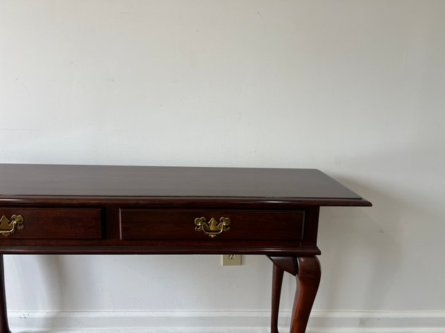 Image for Vintage Queen Anne Style Two-Drawer Console Table with Cabriole Legs & Brass Hardware