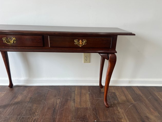 Image for Vintage Queen Anne Style Two-Drawer Console Table with Cabriole Legs & Brass Hardware