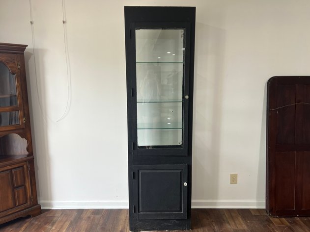 Image for Tall Black Display Cabinet with Glass Door, Glass Shelves & Lower Storage Cabinet