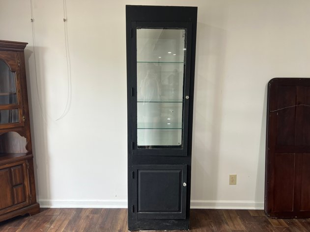 Image for Tall Black Display Cabinet with Glass Door, Glass Shelves & Lower Storage Cabinet
