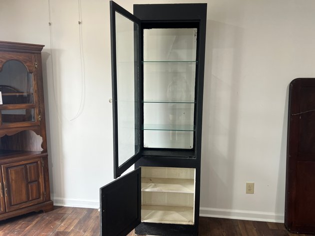 Image for Tall Black Display Cabinet with Glass Door, Glass Shelves & Lower Storage Cabinet