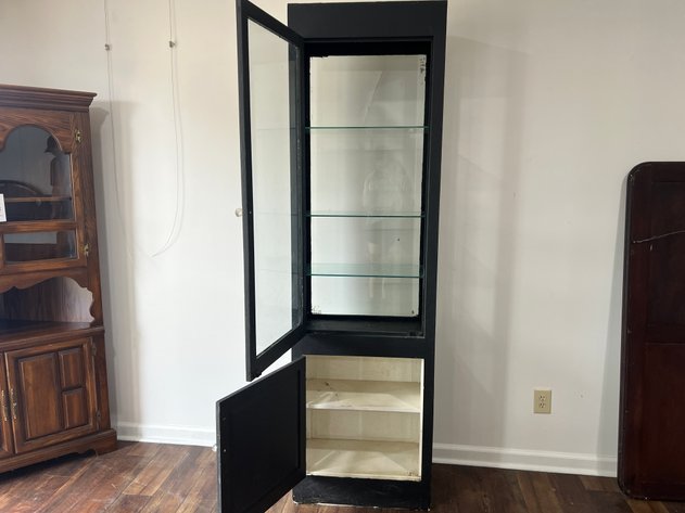 Image for Tall Black Display Cabinet with Glass Door, Glass Shelves & Lower Storage Cabinet