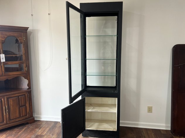 Image for Tall Black Display Cabinet with Glass Door, Glass Shelves & Lower Storage Cabinet