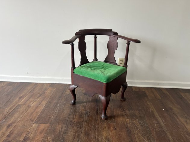 Image for Antique Queen Anne Style Corner Chair with Green Upholstered Seat