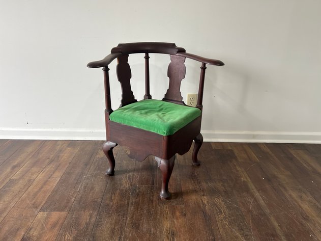 Image for Antique Queen Anne Style Corner Chair with Green Upholstered Seat