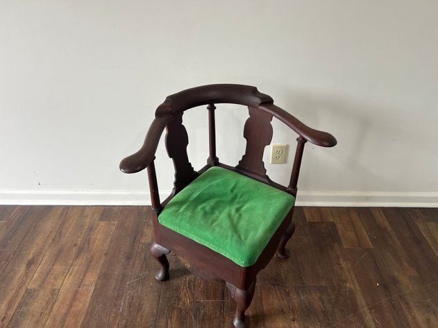 Image for Antique Queen Anne Style Corner Chair with Green Upholstered Seat