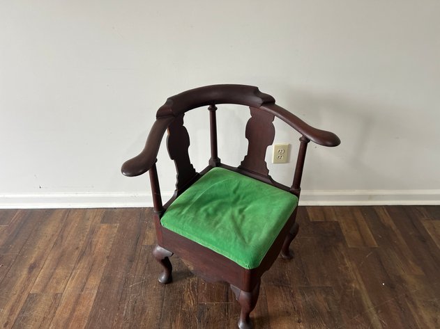 Image for Antique Queen Anne Style Corner Chair with Green Upholstered Seat
