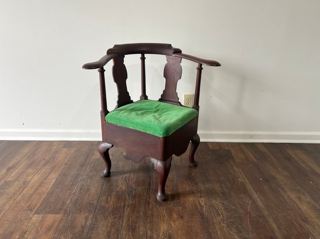 Image for Antique Queen Anne Style Corner Chair with Green Upholstered Seat