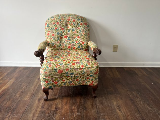Image for Vintage Floral Upholstered Armchair with Carved Wood Accents