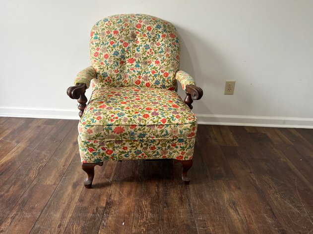 Image for Vintage Floral Upholstered Armchair with Carved Wood Accents