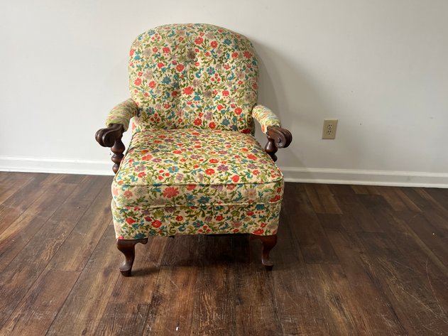 Image for Vintage Floral Upholstered Armchair with Carved Wood Accents