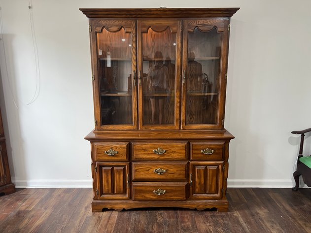 Image for Vintage Cochrane Oak Two-Piece Lighted China Cabinet with Glass Doors & Lower Storage