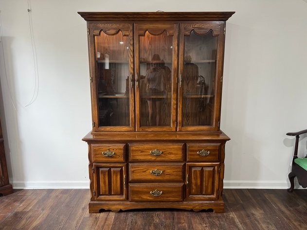 Image for Vintage Cochrane Oak Two-Piece Lighted China Cabinet with Glass Doors & Lower Storage