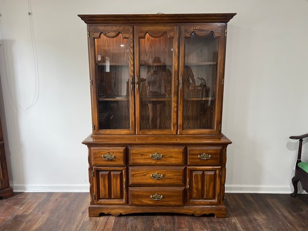 Image for Vintage Cochrane Oak Two-Piece Lighted China Cabinet with Glass Doors & Lower Storage