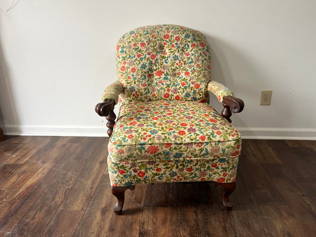 Image for Vintage Floral Upholstered Armchair with Carved Wood Accents