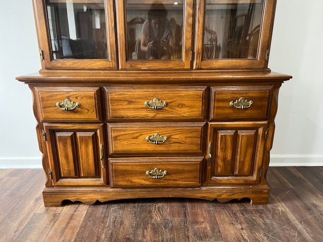 Image for Vintage Cochrane Oak Two-Piece Lighted China Cabinet with Glass Doors & Lower Storage