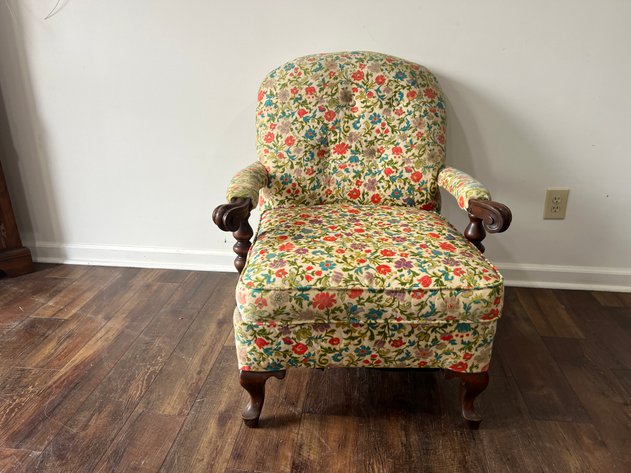 Image for Vintage Floral Upholstered Armchair with Carved Wood Accents