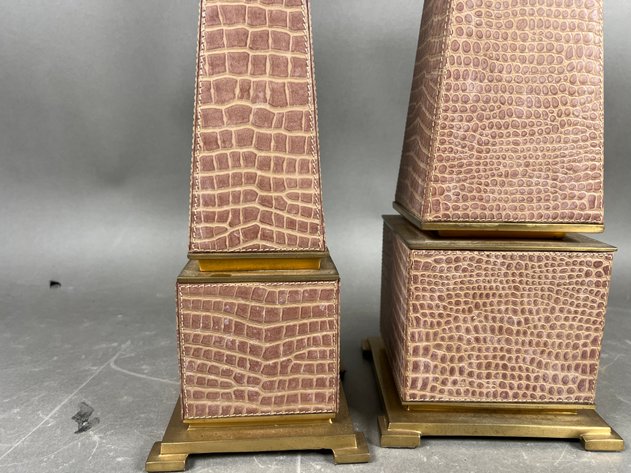 Image for Pair of Oriental Accents Faux Crocodile Leather & Brass Obelisks