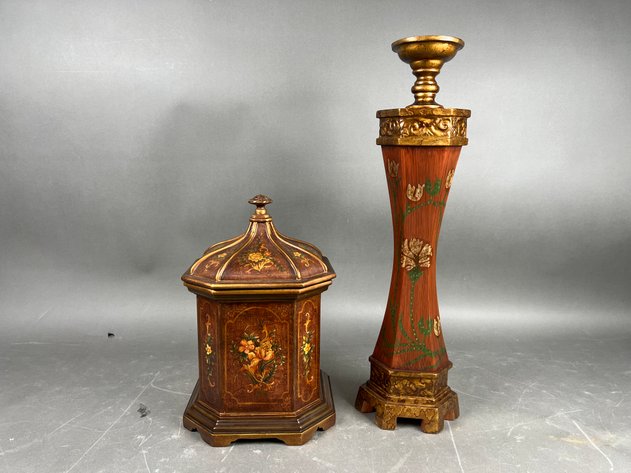 Image for Pair of Vintage Floral Painted Wood Decorative Accents Including Candlestick & Lidded Box
