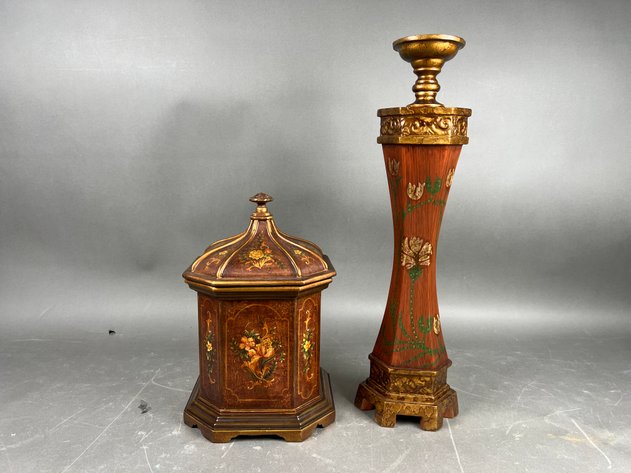 Image for Pair of Vintage Floral Painted Wood Decorative Accents Including Candlestick & Lidded Box