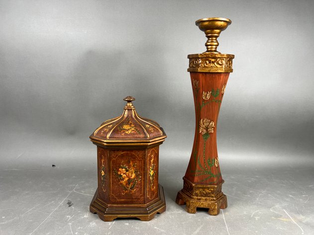 Image for Pair of Vintage Floral Painted Wood Decorative Accents Including Candlestick & Lidded Box