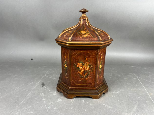 Image for Pair of Vintage Floral Painted Wood Decorative Accents Including Candlestick & Lidded Box