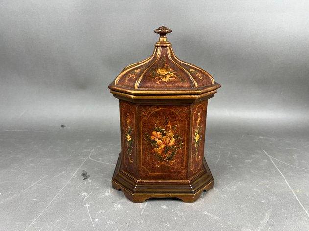 Image for Pair of Vintage Floral Painted Wood Decorative Accents Including Candlestick & Lidded Box
