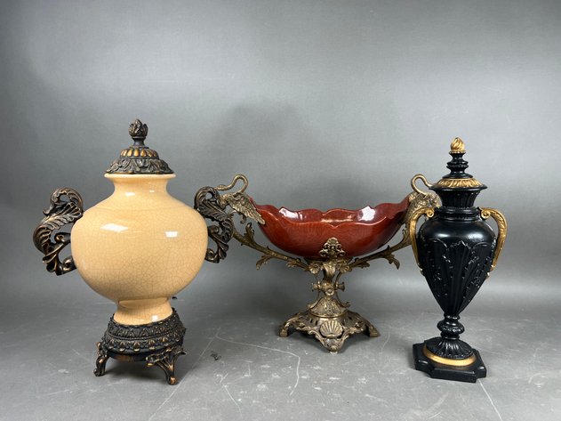Image for Collection of (3) Ornate Decorative Vessels Including Urns & Pedestal Bowl