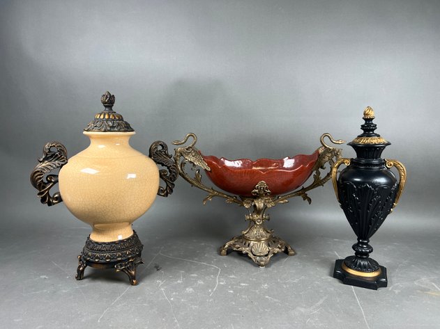 Image for Collection of (3) Ornate Decorative Vessels Including Urns & Pedestal Bowl