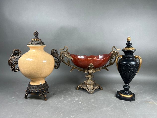 Image for Collection of (3) Ornate Decorative Vessels Including Urns & Pedestal Bowl