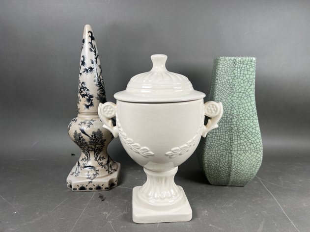 Image for Collection of (3) Decorative Ceramic Vessels Including Blue & White Urn, White Lidded Urn & Crackle Glaze Vase