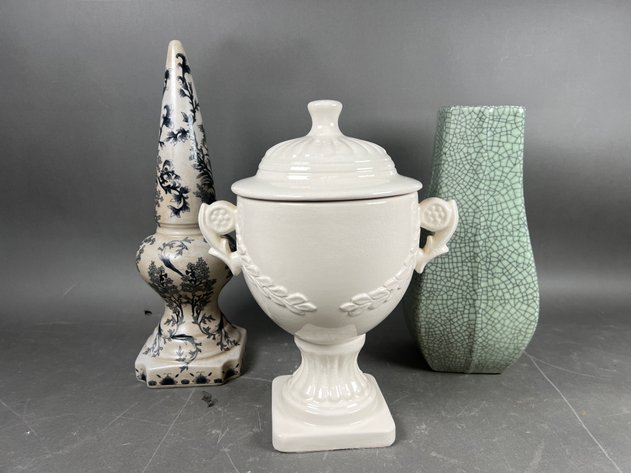 Image for Collection of (3) Decorative Ceramic Vessels Including Blue & White Urn, White Lidded Urn & Crackle Glaze Vase