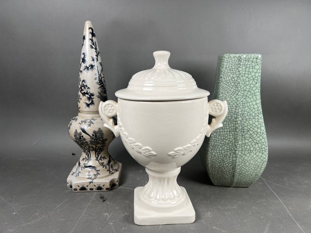 Image for Collection of (3) Decorative Ceramic Vessels Including Blue & White Urn, White Lidded Urn & Crackle Glaze Vase