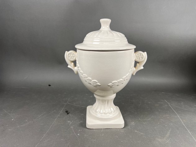 Image for Collection of (3) Decorative Ceramic Vessels Including Blue & White Urn, White Lidded Urn & Crackle Glaze Vase