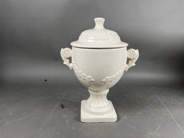 Image for Collection of (3) Decorative Ceramic Vessels Including Blue & White Urn, White Lidded Urn & Crackle Glaze Vase