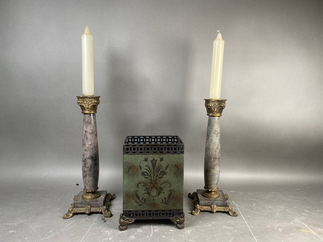 Image for Pair of Decorative Stone & Brass Candlesticks with Floral Metal Basket