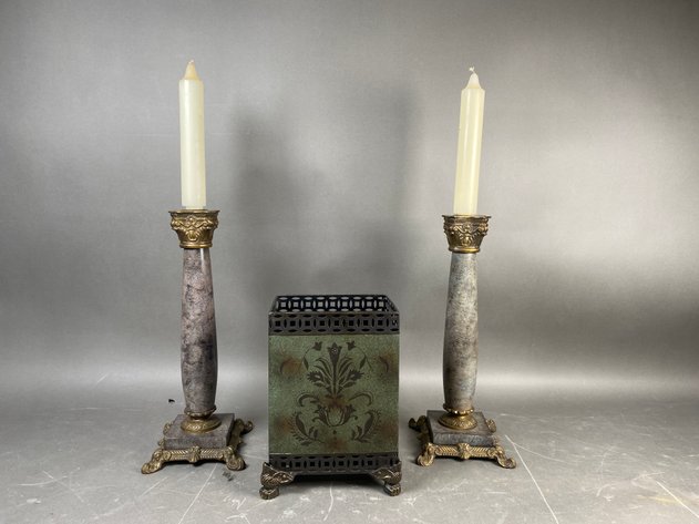 Image for Pair of Decorative Stone & Brass Candlesticks with Floral Metal Basket