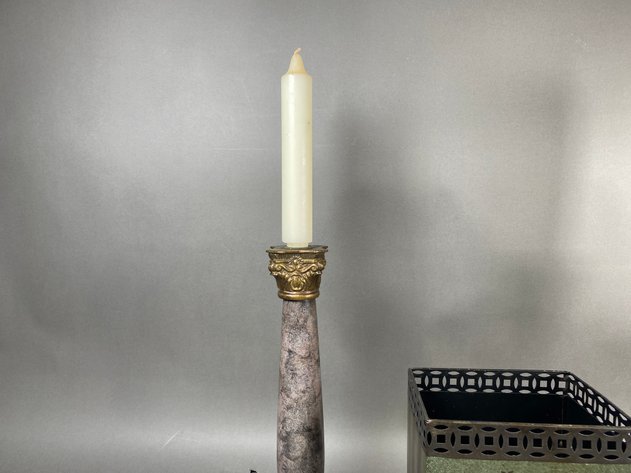 Image for Pair of Decorative Stone & Brass Candlesticks with Floral Metal Basket