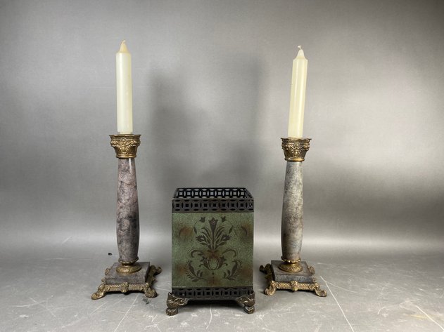 Image for Pair of Decorative Stone & Brass Candlesticks with Floral Metal Basket
